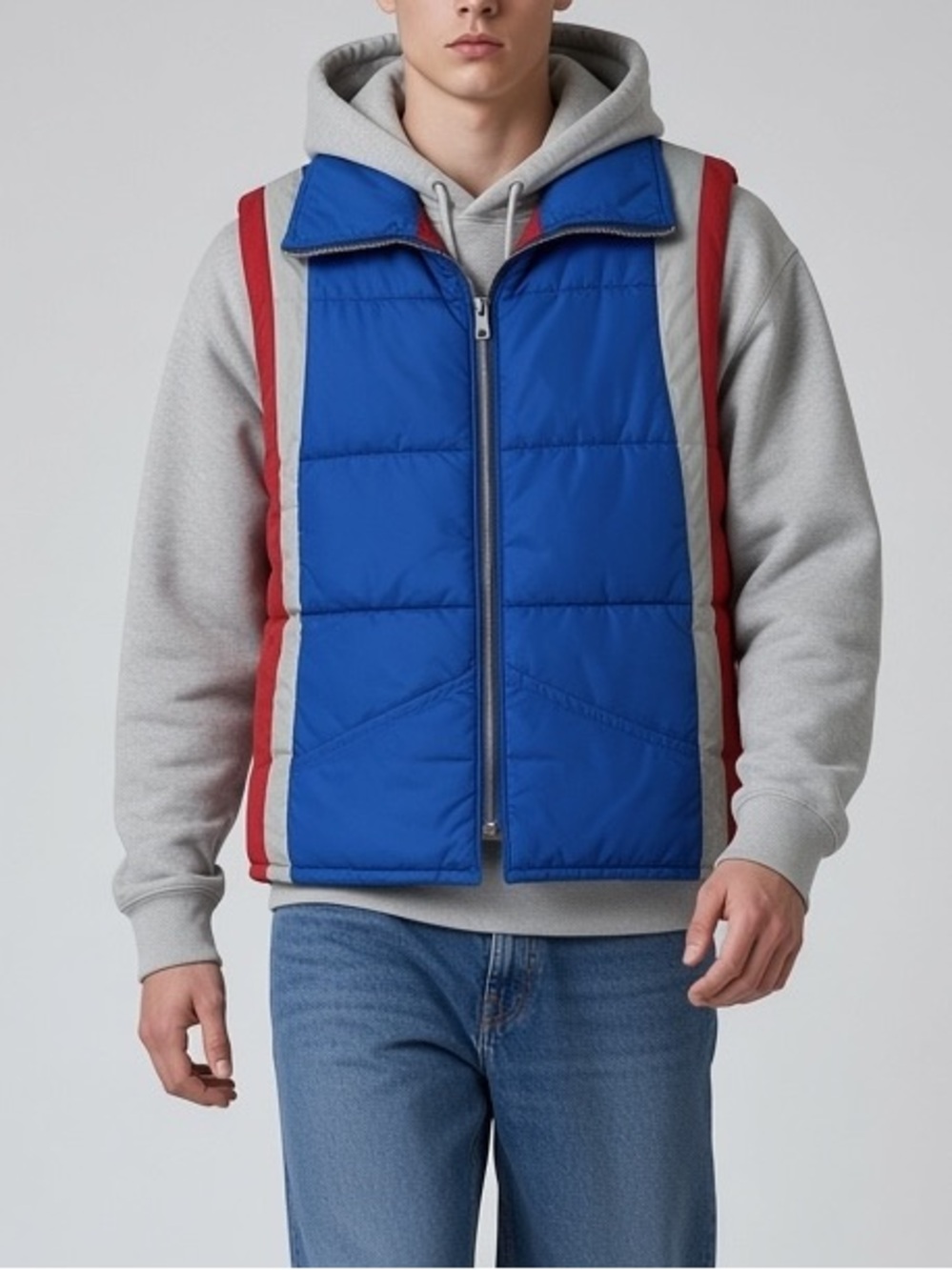 Vintage 70’s Unisex Olympic Puffer Ski Vest In Blue / Red / Grey | Size M
